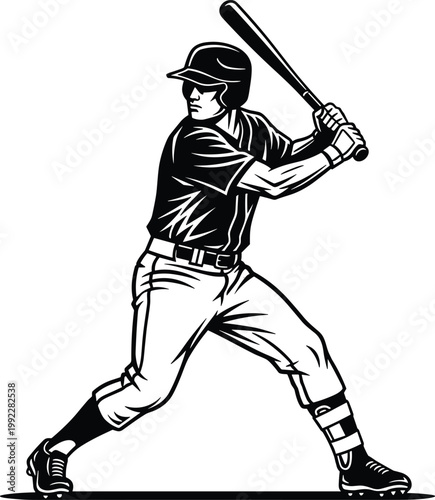 Black and white baseball player vector illustration showing a batter in hitting stance isolated on white background for sports design.