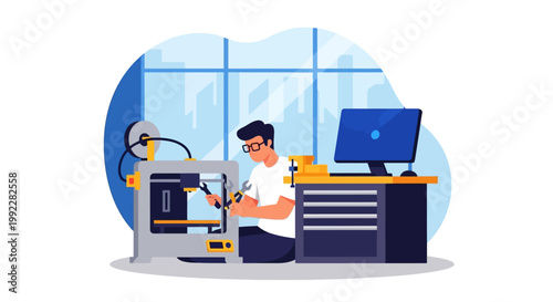Man working with 3D printer in a modern workshop.