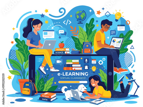 ELearning virtual classroom with people using laptops and a dog  online education and remote learning concept with students and teacher