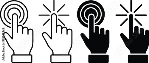 Four distinct hand gesture cursor symbols designed as a clean vector graphic set for interactive digital touch screen user interfaces