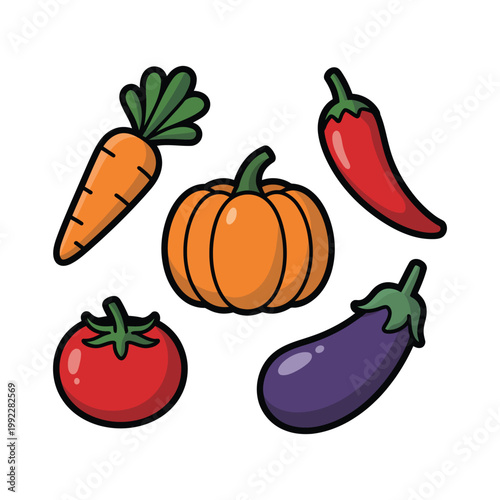 Cute cartoon vegetable icon vector set, playful carrot, pumpkin, chili, tomato, and eggplant characters for kids design, food education, stickers, packaging, menus, and fun illustrations