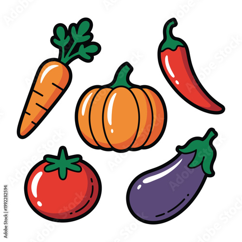 Cute cartoon vegetable icon vector set, playful carrot, pumpkin, chili, tomato, and eggplant characters for kids design, food education, stickers, packaging, menus, and fun illustrations