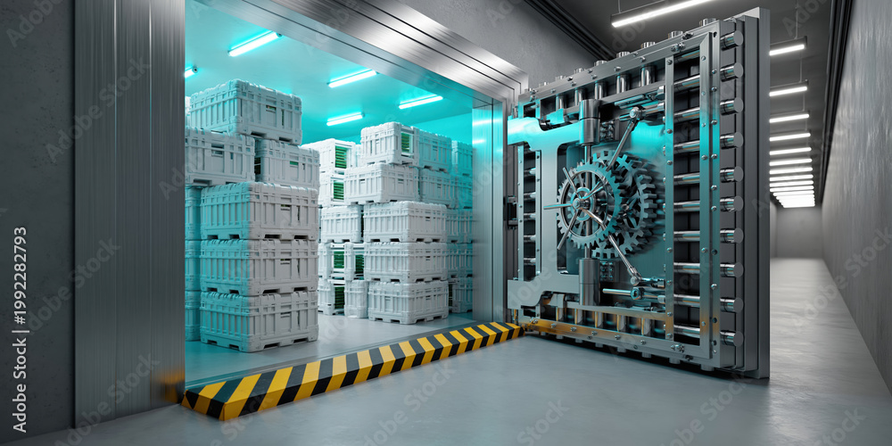 Obraz premium Automated logistics trade vault with stacked crate storage and metal door