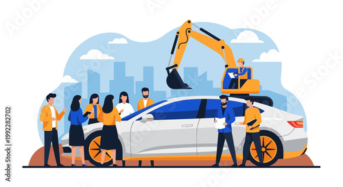 People observing an excavator working on a car.