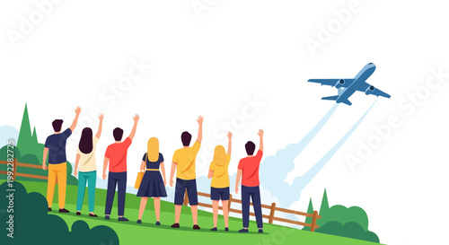 People watching airplane take off flying.