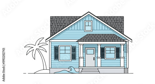 Modern Blue Beach House Illustration with Palm Tree and Ocean Wave Icon - Coastal Cottage Architecture Vector Design