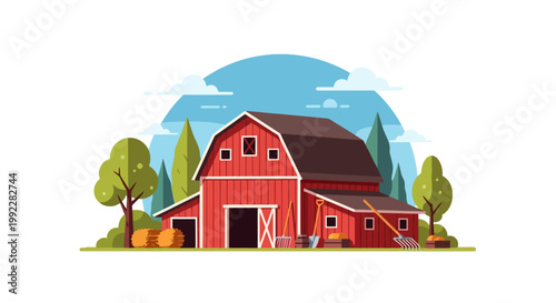 Red Barn Farmhouse Rural Building.