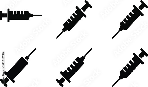 A set of black syringe silhouettes on transparent background