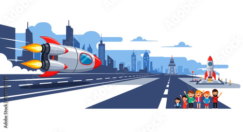 Rocket Ship Blasting Off Highway Road.