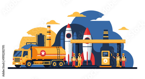 Rocket Ship Refueling at Gas Station.