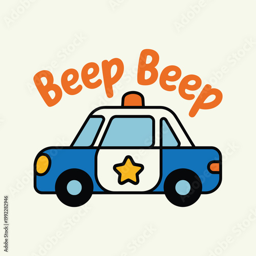 Cute police car cartoon vector illustration, playful vehicle character with bold outline for kids t-shirt graphics, children apparel, nursery decor, stickers, and fun transportation themed designs