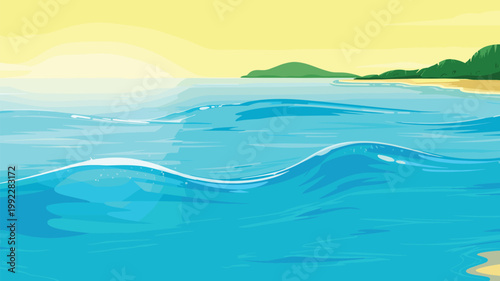 A vibrant cartoon illustration of a calm ocean with rolling waves