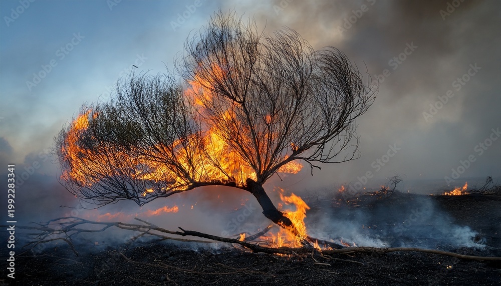 Fototapeta premium The Burned Tree Remains A Dramatic Scene Of A Blackened Branch Engulfed In Flames Against A Smoky Background