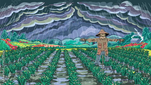 A vibrant cartoon illustration depicting a scarecrow in a rainy field