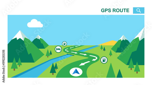 A stylized illustration of a GPS navigation route winding through a green mountainous landscape with a river, trees, and various point of interest icons.