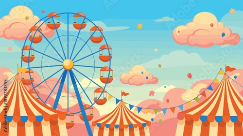 Vibrant cartoon style background depicting a ferris wheel and colorful circus tents