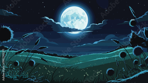 A beautiful cinematic cartoon illustration of a full moon over meadow