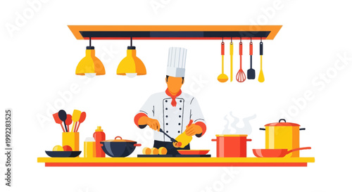 Chef cooking in kitchen with utensils.