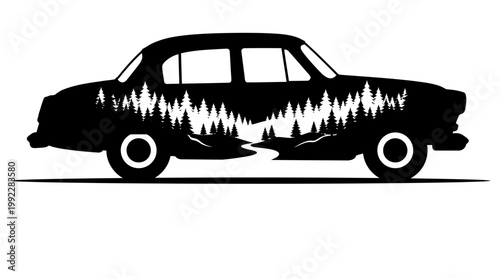 A black silhouette of a vintage car with a forest and river landscape design on its side.