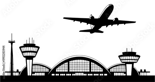 Airport silhouette vector, airport, airplane, aircraft, transportation, aeroplane, flying, business