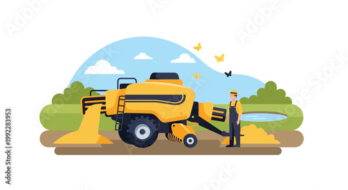 Man standing next to combine harvester.