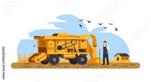 Man standing next to combine harvester.