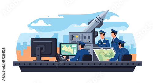 Military personnel operating command center systems.