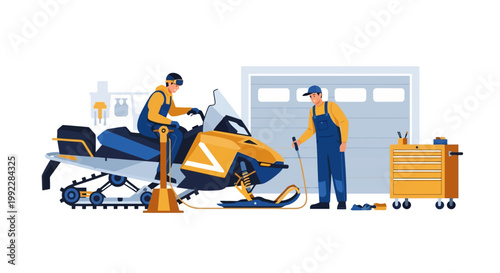 Two men working on snowmobile machine.