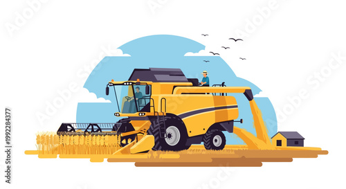 Yellow Combine Harvester Machine Working.