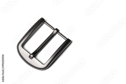 Isolated metallic belt buckle, white studio background, detailed product view, fashion item