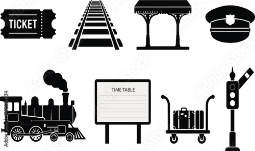 Detailed collection of black vector graphic icons representing essential railway elements including steam trains tracks stations station signage passenger tickets conductors hats and luggage trolleys 
