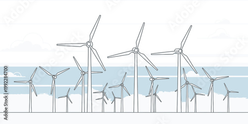 An illustrative landscape featuring numerous wind turbines spinning against a backdrop of a bright blue sky with white clouds, representing renewable energy generation.