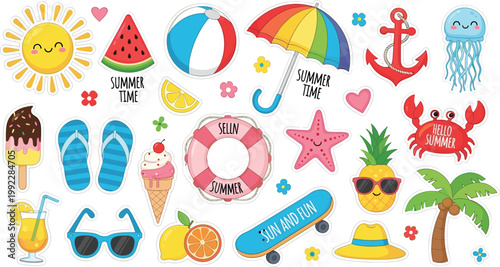 Cute Summer Time Sticker Set with Beach Ball Umbrella Pineapple Ice Cream Crab and Tropical Elements Vector Collection