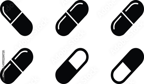 A set of black and white capsules on transparent background