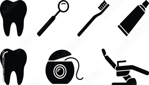 Dental care vector illustration featuring black icons of teeth toothbrush toothpaste dental floss mirror and medical examination chair for professional hygiene practices in healthcare settings perfect