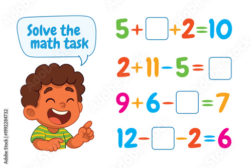 Educational math worksheet for kids with simple equations and a cute cartoon boy. Fun learning activity designed to practice addition and subtraction while developing early math skills.