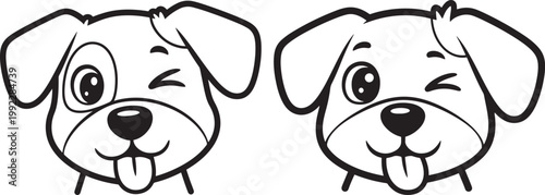 Two cute cartoon puppy dog face line art illustrations winking and sticking tongue out with illustration coloring friendly domestic character expression creature adorable cheerful companion