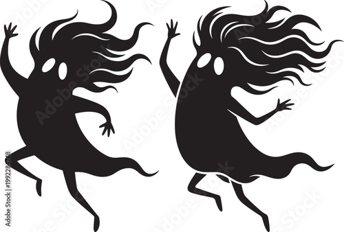 Pair of spooky ghost spirit silhouettes with long flowing hair and glowing white eyes silhouette halloween creature floating supernatural paranormal haunting apparition afterlife character