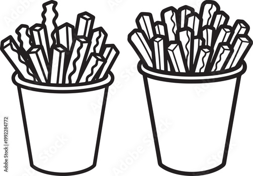 Minimalist line art illustration of two cups filled with crispy deep fried potato french fries fastfood restaurant delicious takeaway appetizer isolated vegetable container