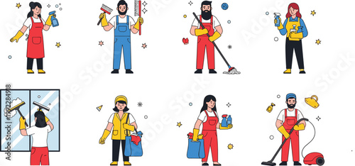 Professional Cleaning Service Staff Characters Set with Janitor Maid and Cleaner Holding Tools Flat Vector Illustration