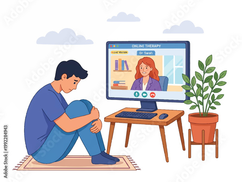 Man sitting on a rug in front of a computer screen with online therapy session  mental health support  virtual counseling