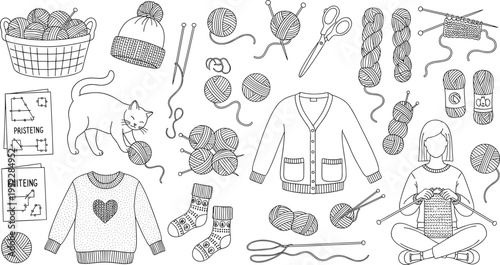 Hand Drawn Knitting and Crochet Element Set with Yarn Needles Sweater Socks and Woman Crafting Doodle Vector Collection