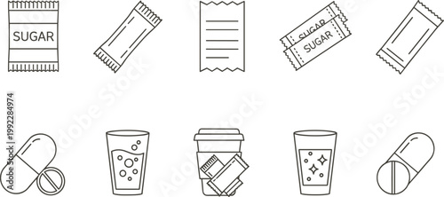 Outline Sugar Packet Pill Capsule Drink Cup and Receipt Outline Sugar Packet Pill Capsule Drink Cup and Receipt Icon Set Minimal Linear Vector Collection for Healthcare Food