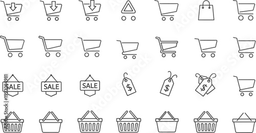 Outline Shopping Cart Basket and Sale Tag Icon Set for Ecommerce Retail and Online Store Vector Collection