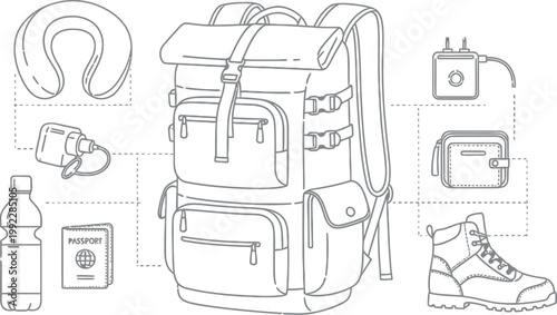 A line art illustration depicts a travel backpack and essential items including a neck pillow, water bottle, passport, charger, wallet, and hiking boot laid out.