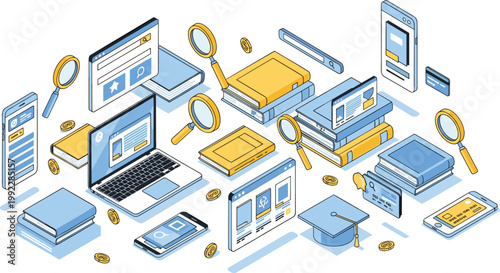 Isometric online education illustration with books, laptop, graduation cap, smartphone, digital learning technology vector design