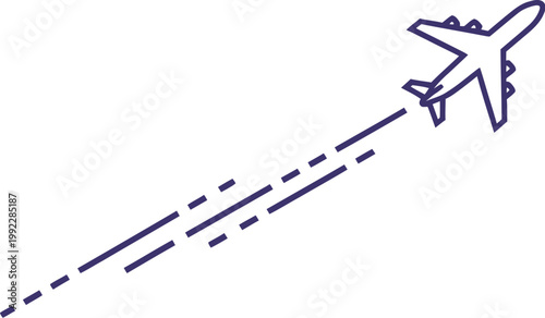 Minimalist outline drawing of an airplane ascending on a diagonal path with dashed lines indicating its trajectory against a clean white background, representing travel.