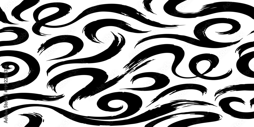 Fototapeta premium Seamless vector pattern of dynamic black brush strokes forming elegant swirls, loops, and flowing waves.
