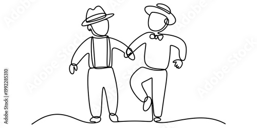Single line drawing of two men in vintage attire wearing hats and dancing while holding hands. Vector, illustration