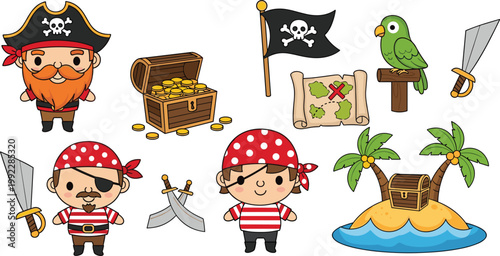 Cute Pirate Character Vector Set with Captain Sailors Treasure Chest Map Parrot and Desert Island Icons for Kids Birthday Party and Adventure Designs